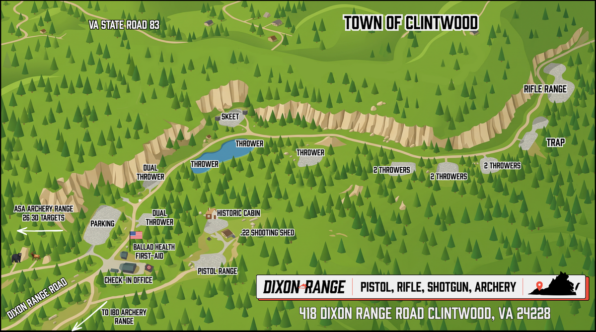 A stylized illustrated map of the Town of Clintwood and Dixon Range, showing forested terrain, roads, landmarks, and labeled outdoor activities. The map includes a small black-and-white logo in the bottom-right corner.